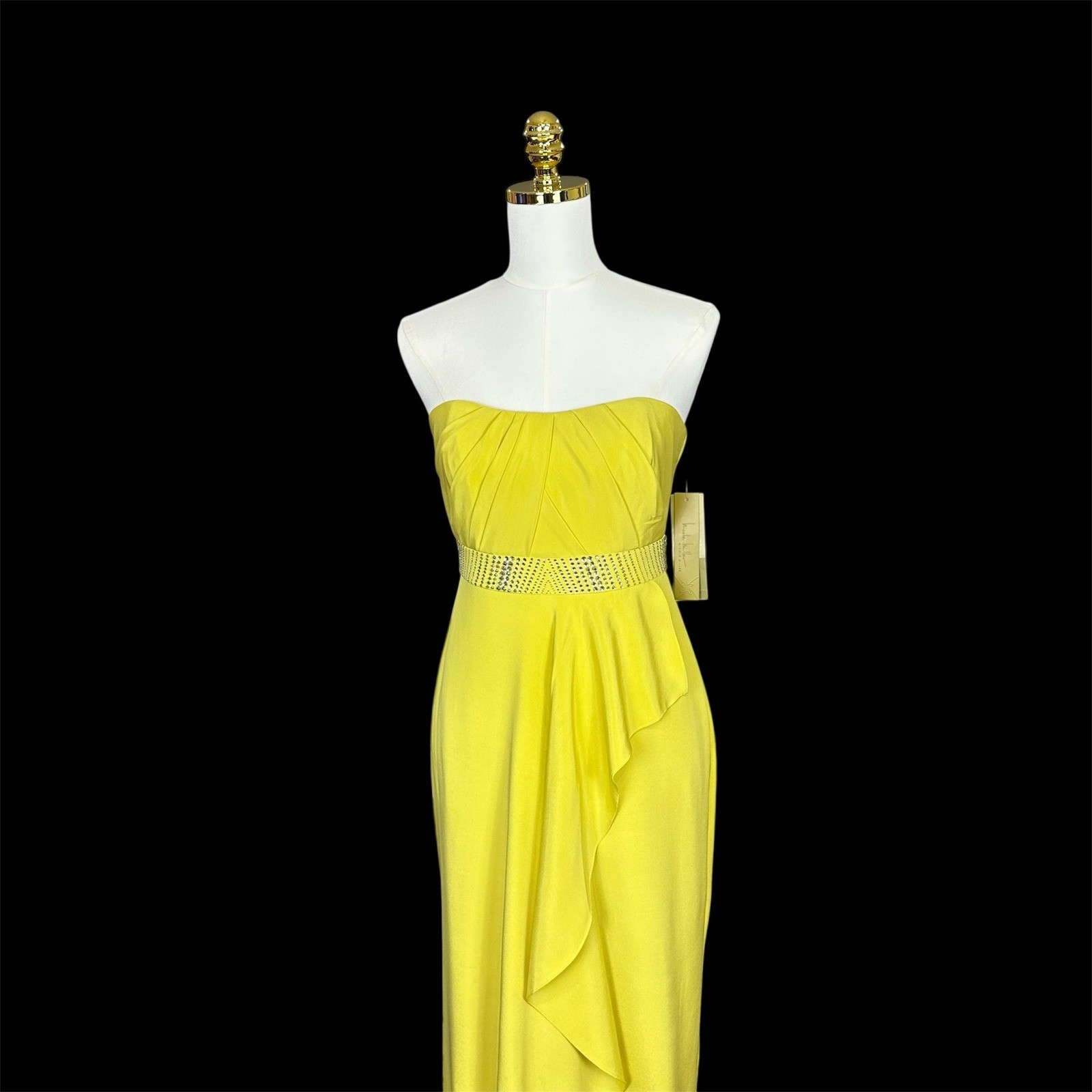 Nicole Miller Yellow Strapless Embellished Waist Ruffle Evening Gown Maxi Dress