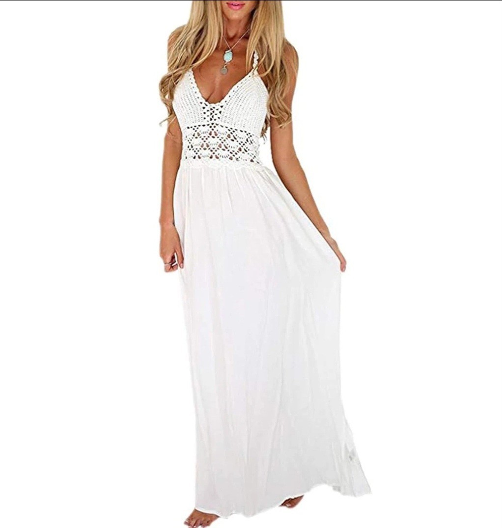 Lilbetter White Halter Crochet Backless Maxi Dress Size Extra Small Bride Boho