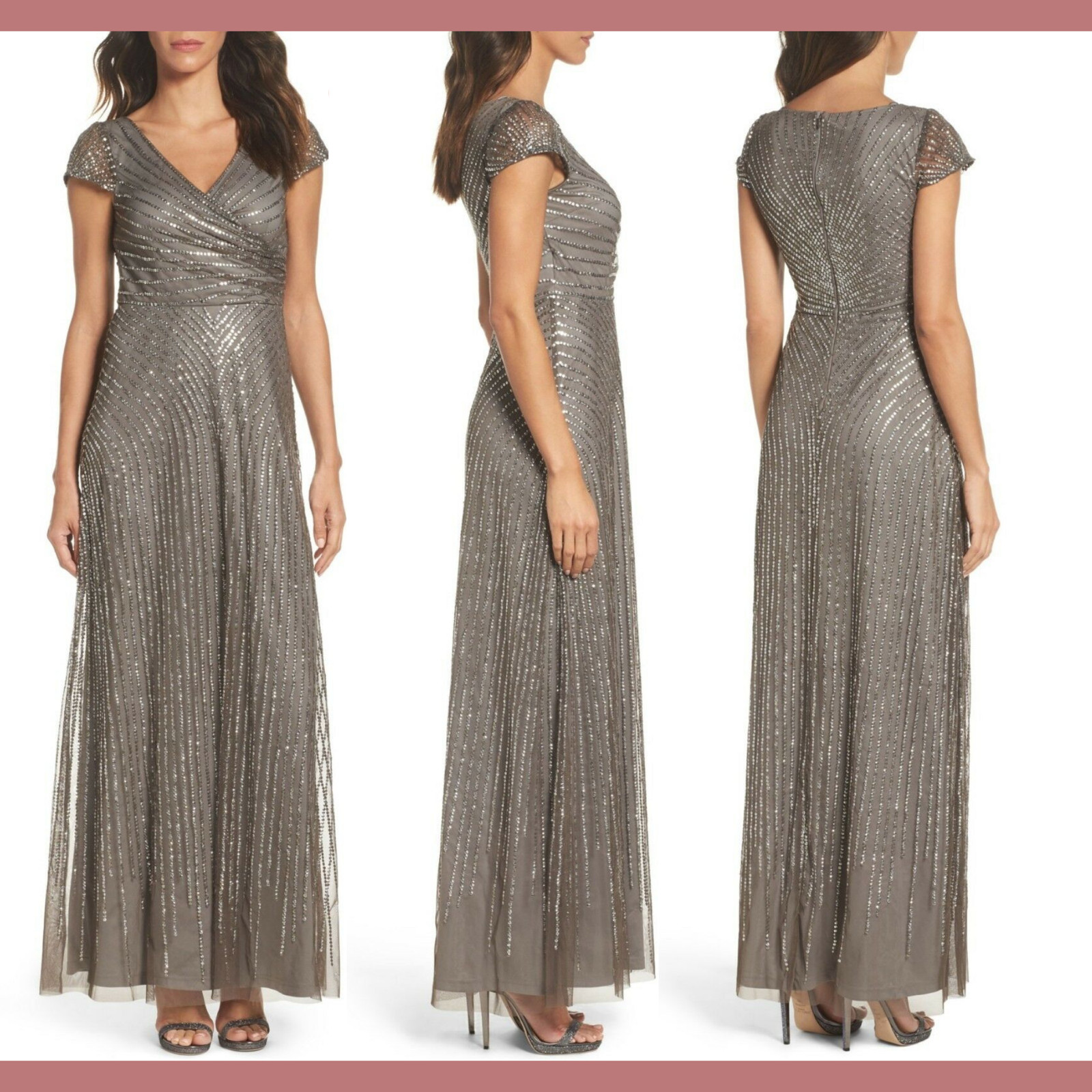 NEW $299 Adrianna Papell [ 8 ] Sequin Faux Wrap Gown in Lead #M827