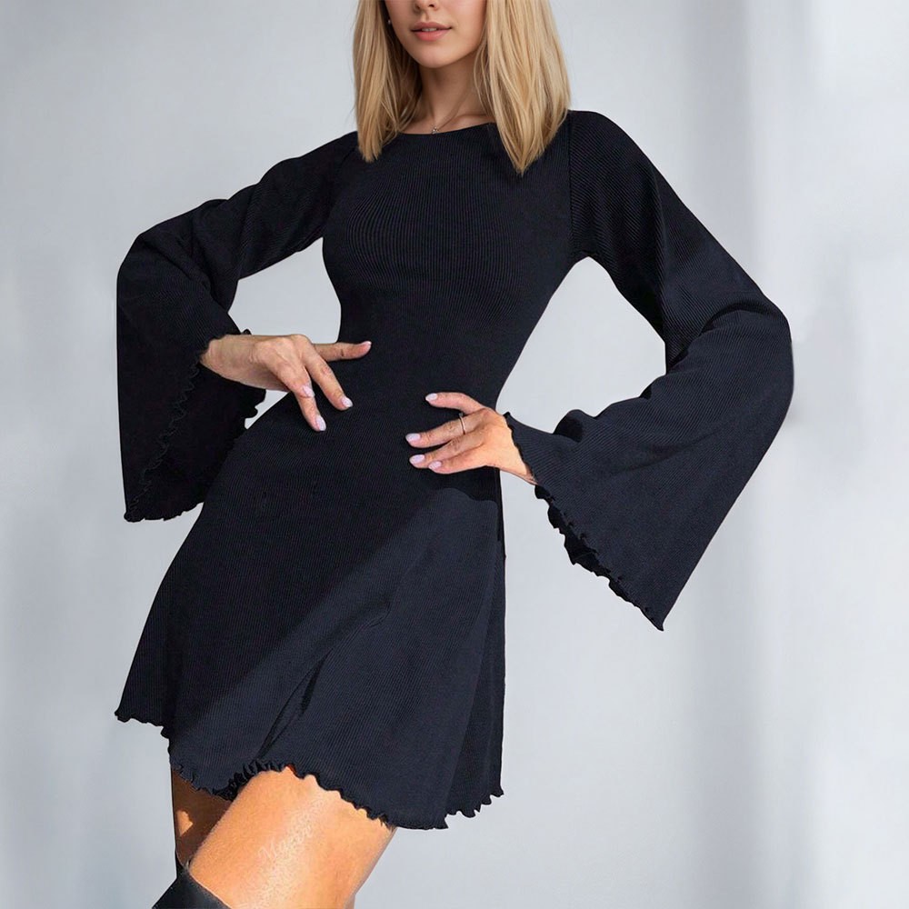 Women’s Elegant Solid A-Line Short Dress with Bell Sleeves and Backless Detail