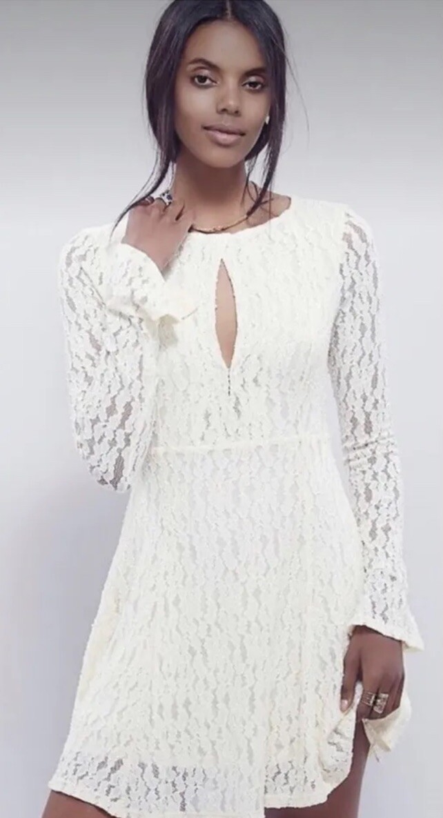 Free People Teen Witch Lace Long Sleeve Mini Dress SHEARLING IVORY Sz S