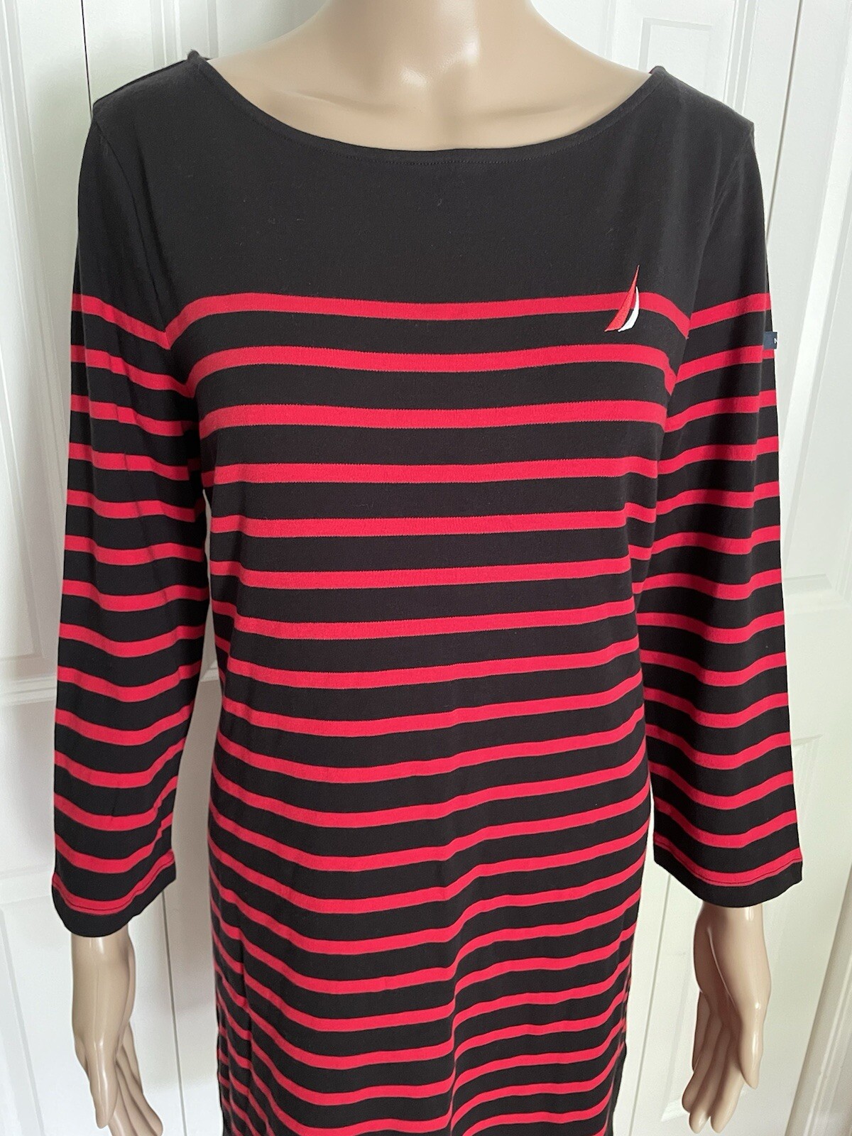 NWT Nautica L Black & Red Striped Coastal Nautical 3/4 Sleeve Soft Cotton Dress