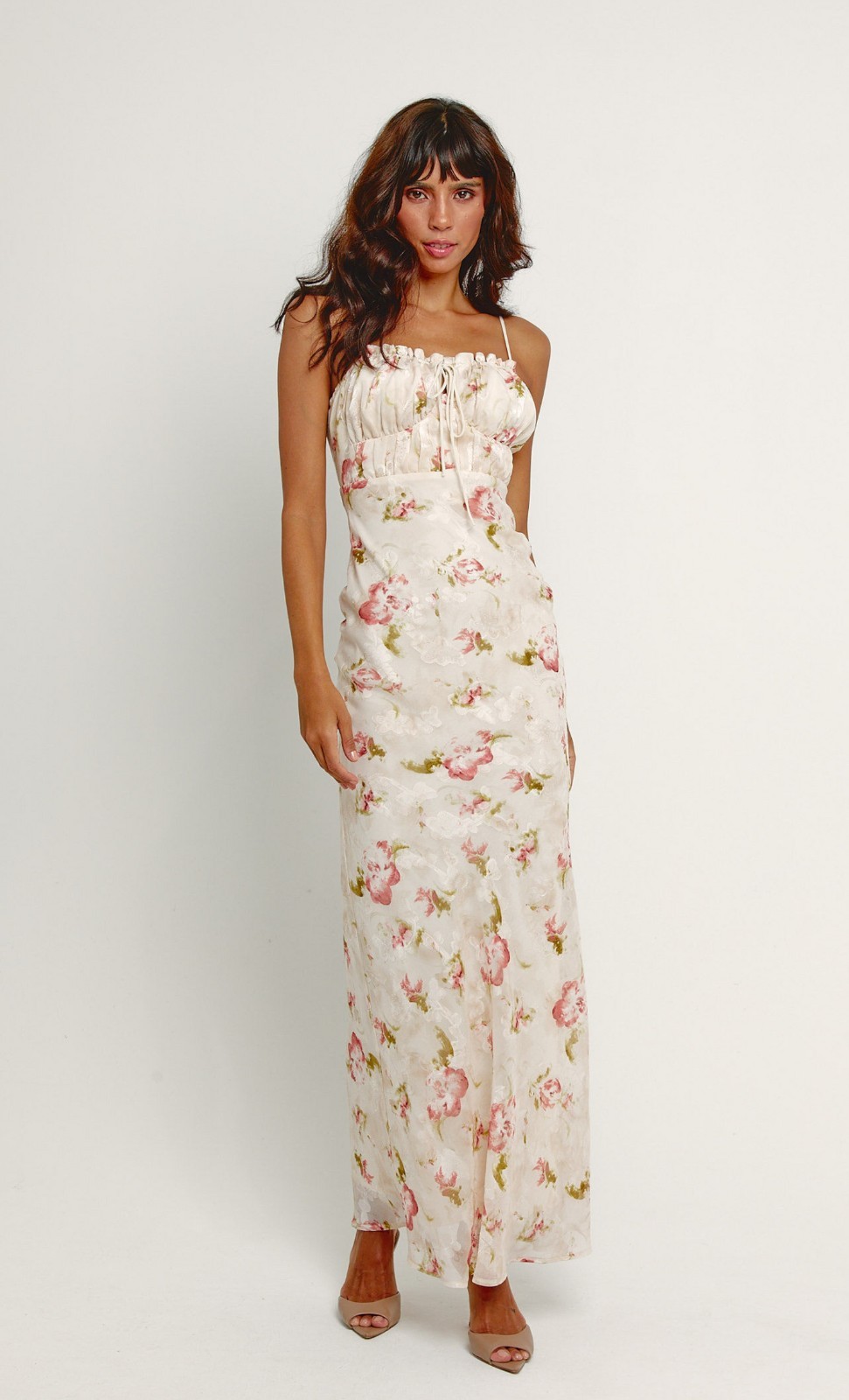 Rare London Floral Tie Front Maxi Dress Cream Pink Romantic Size 4 NWT