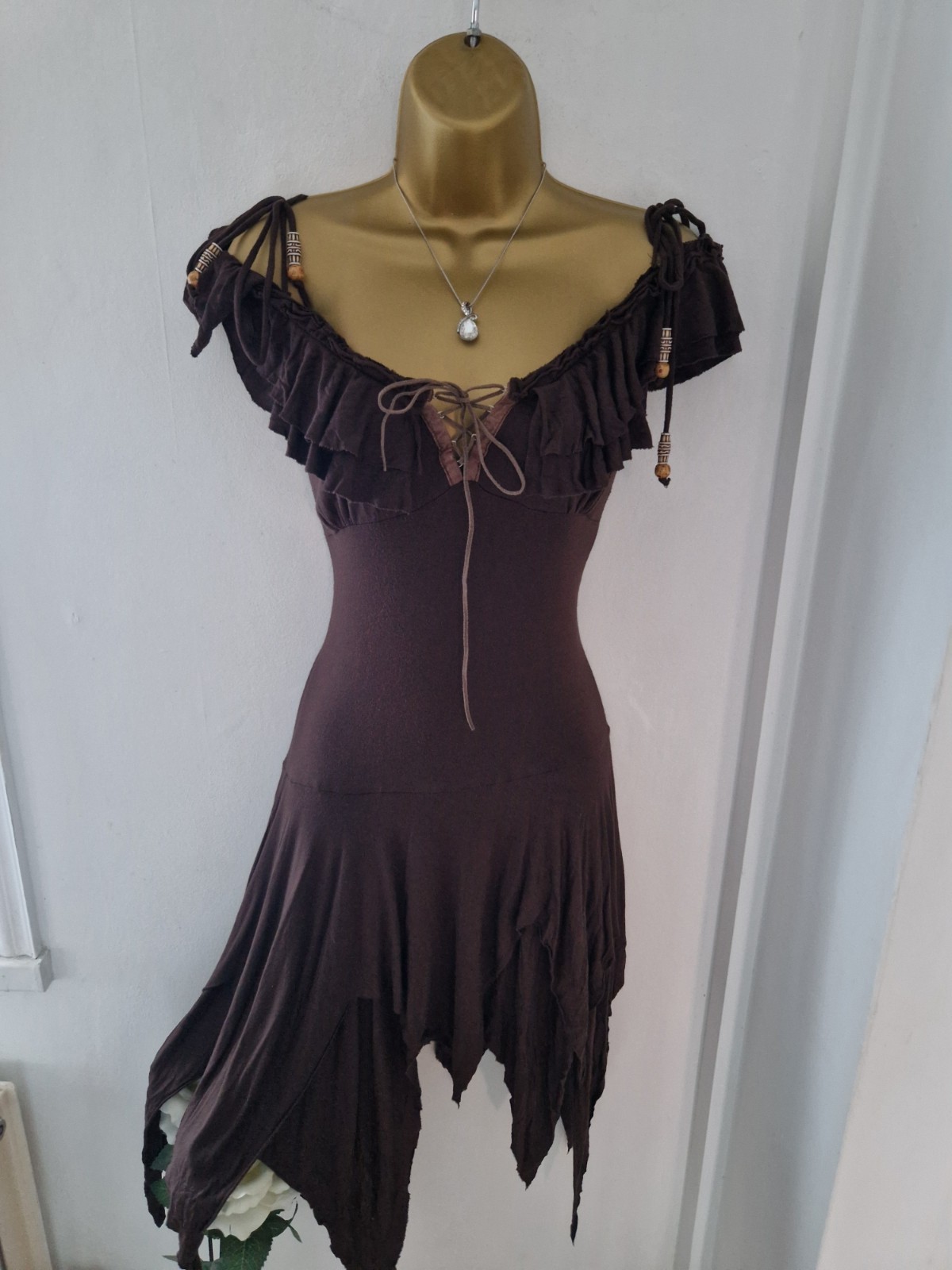 🤎 Rare Stunning Jane Norman Brown Milkmaid Fairy Boho Dress 10/12 🤎
