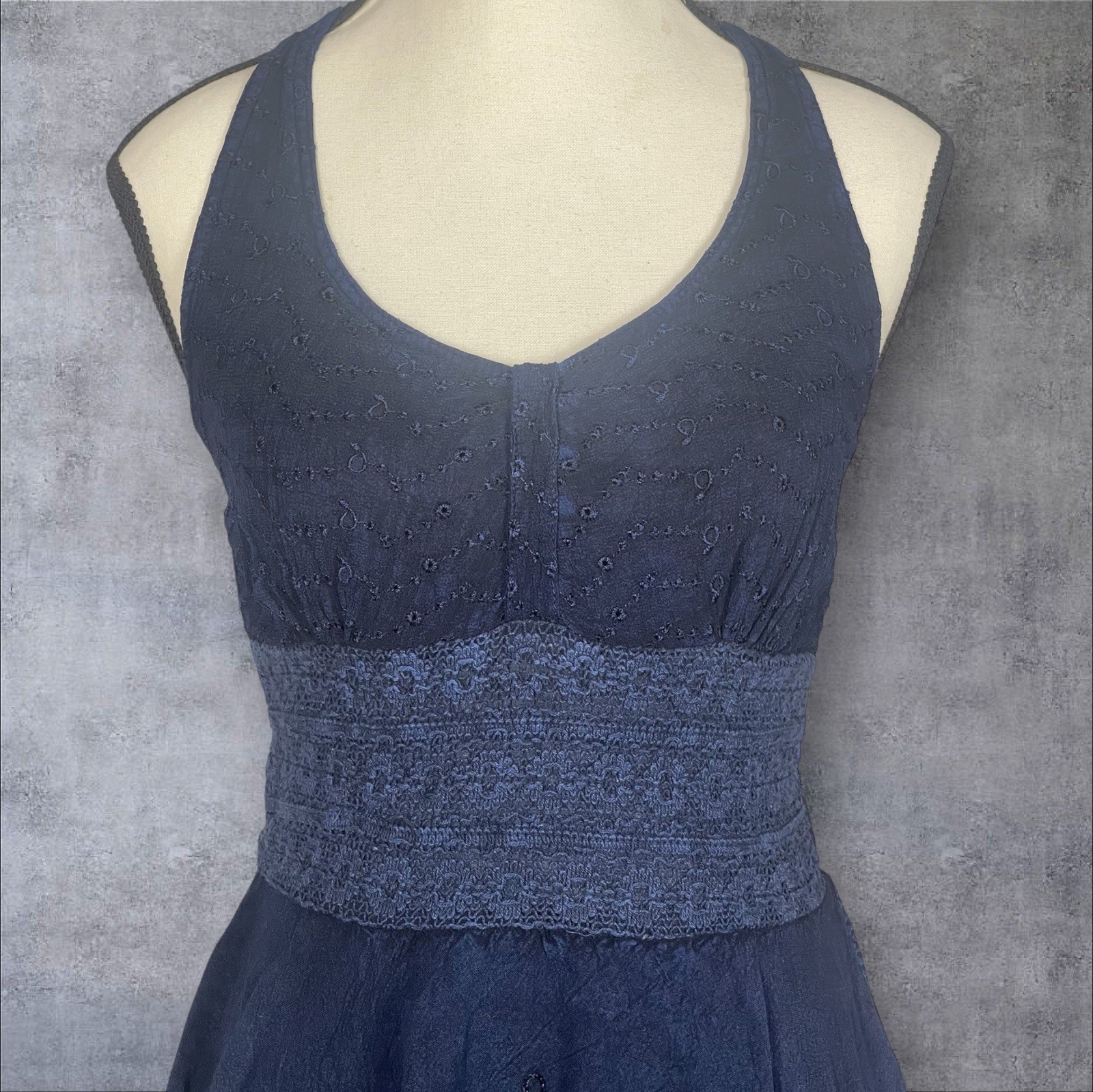 Boho Halter Handkerchief Hem Midi Dress Embroidered Lace Fairy Cottage Whimsical