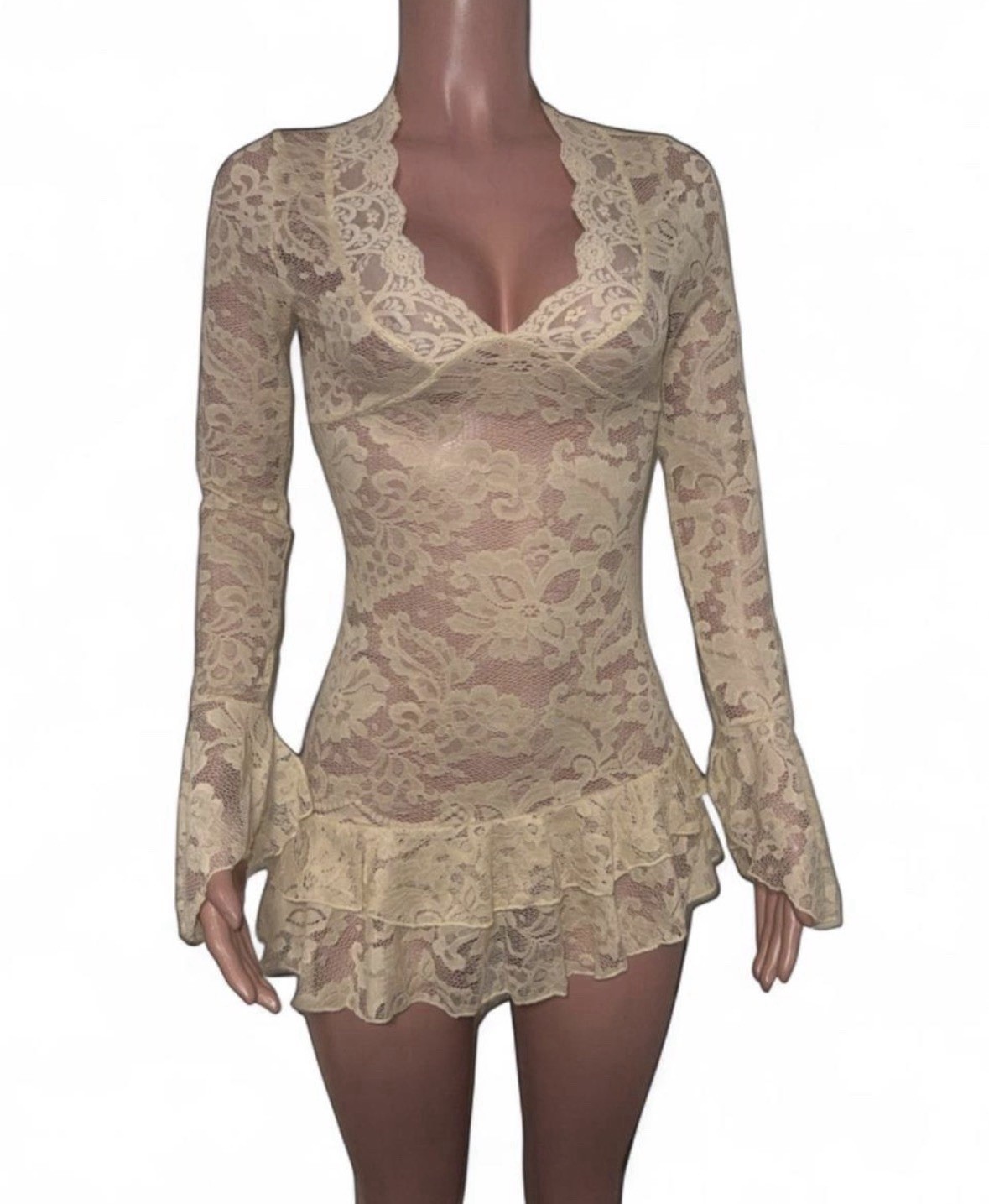 Fairy Taupe Lace Ruffled Micro Mini Dress M Festival Going Out See Thru Beachy