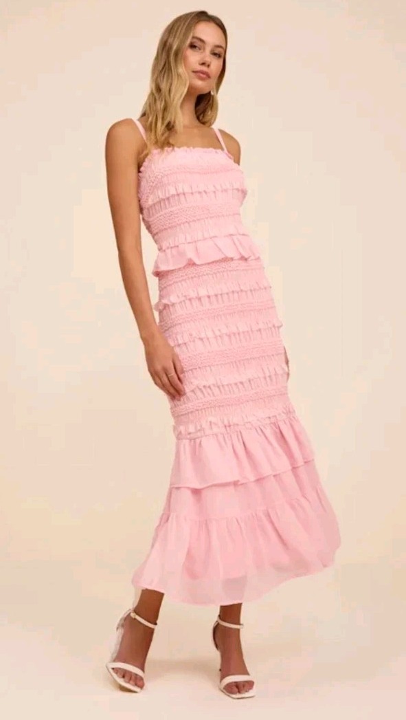Just Me Light Pink Smocked Ruffle Midi Dress Size XS Extra Small NWOT New