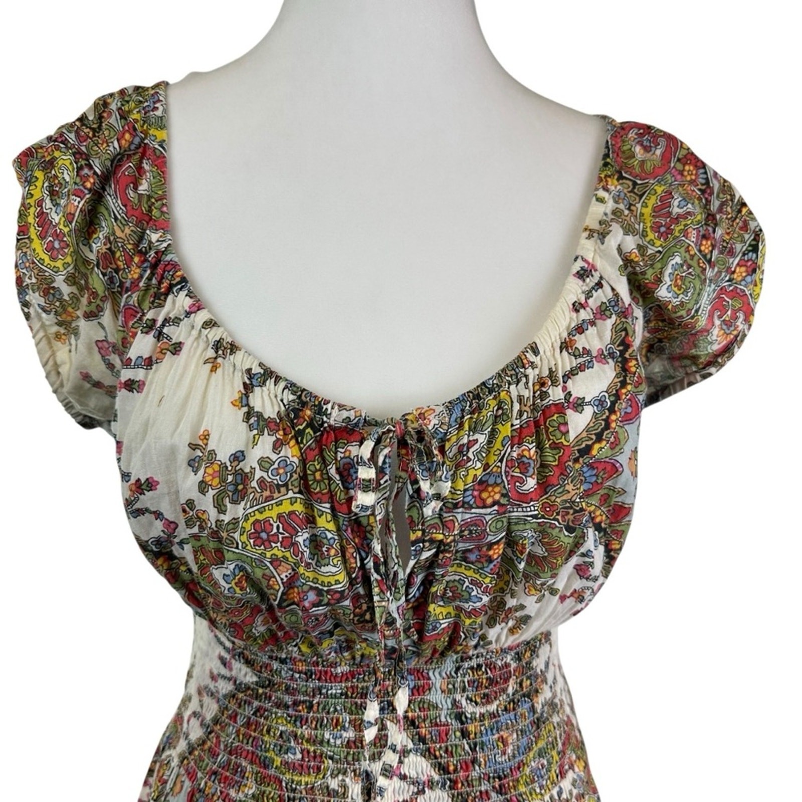 Grace Paisley Cotton Bohemian Peasant Dress Smocked Waist Size Medium