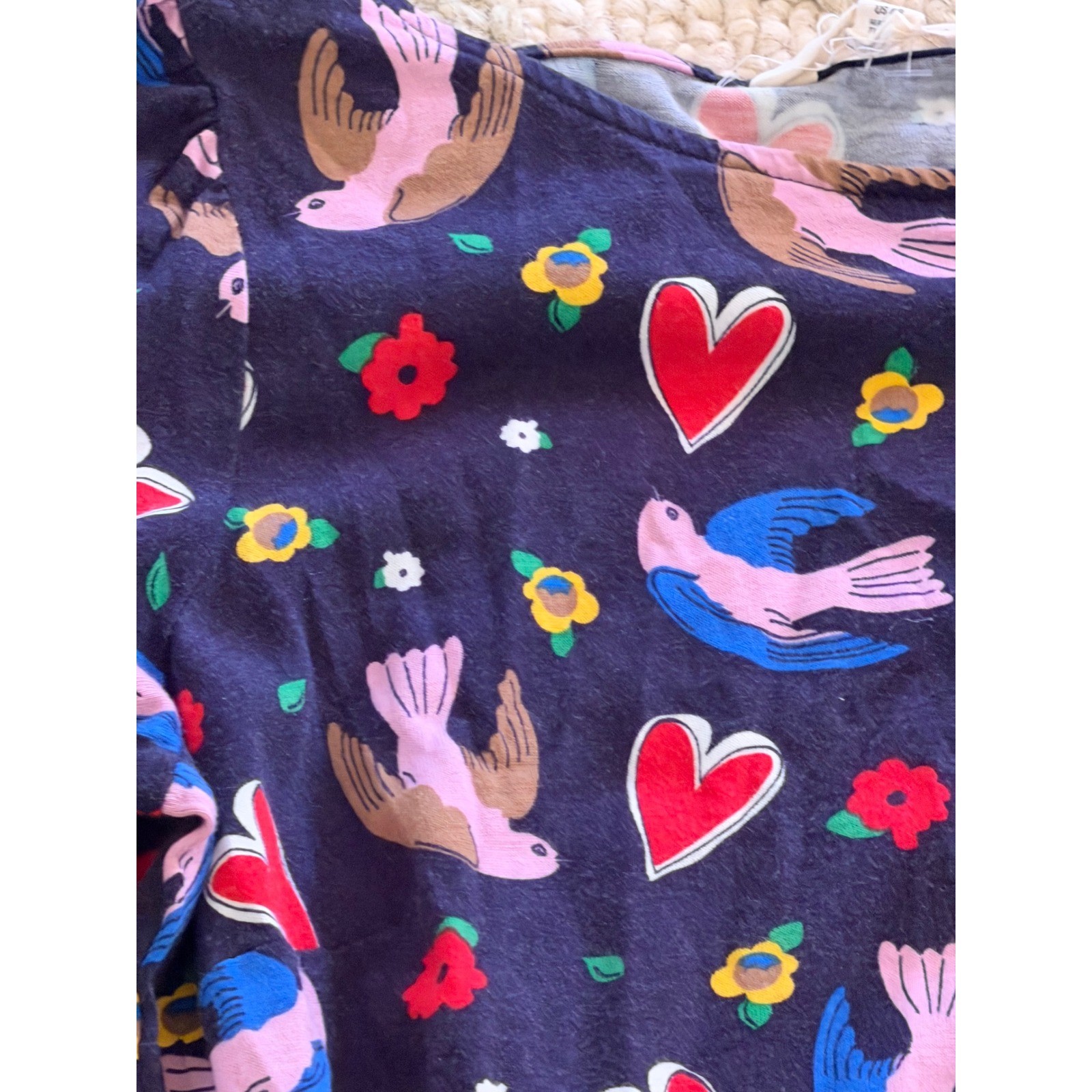 Boden Leandra Navy Blue Bird Dove Heart Print Long Sleeve Midi Dress Tie Waist 8