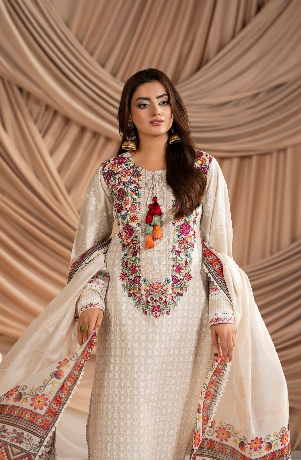 Karma Collection 3 Piece Stitched Embroidery Suit – KC-1584-Warm Beige