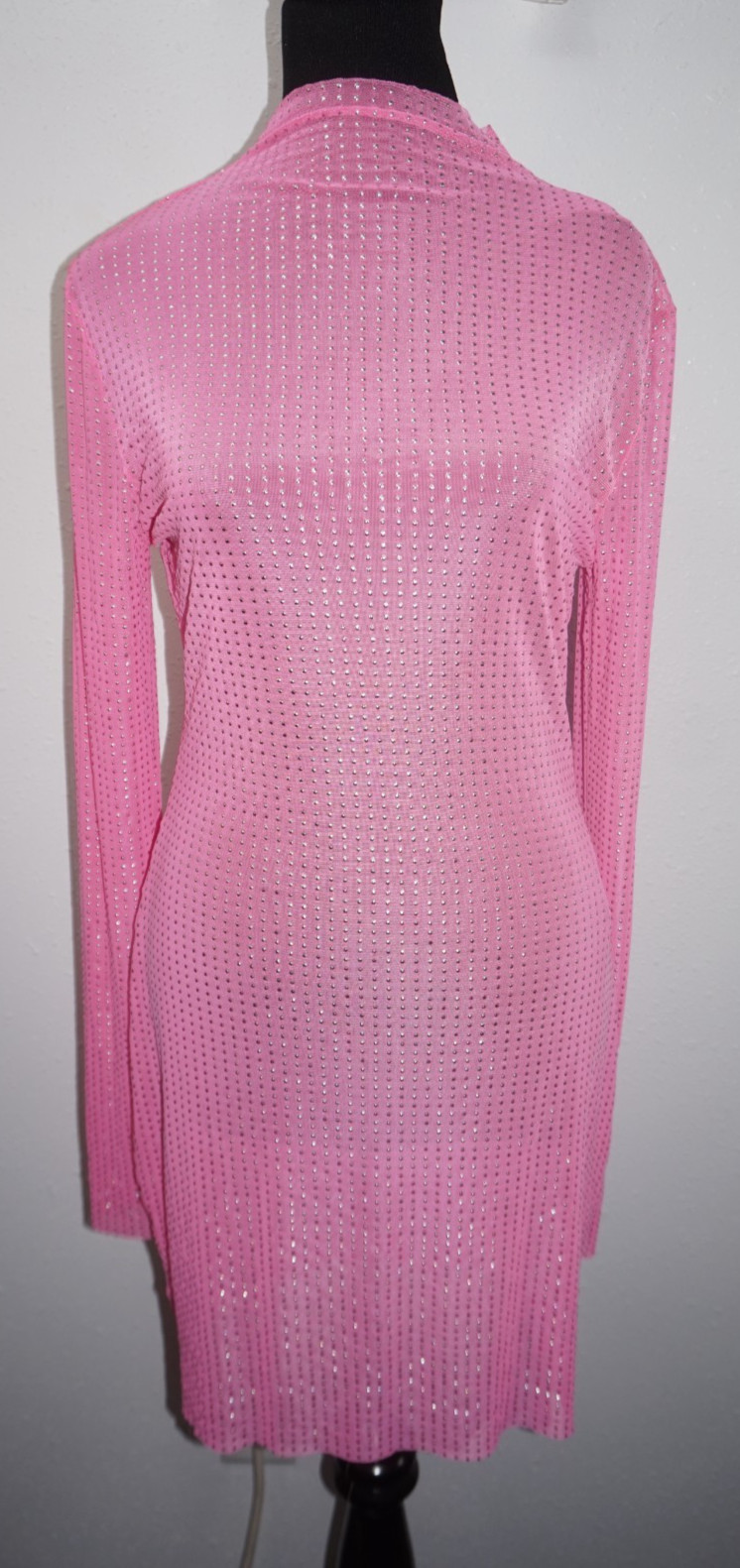 Pink Funnel Neck Mesh Semi Sheer Body Con Sexy Dress Sz L Coverup
