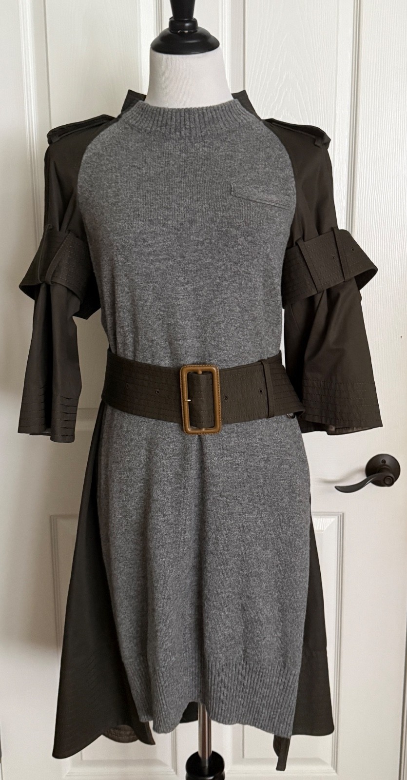 NWOT Sacai Women’s Unique Wool Dress Size 2 Color Grey/Dark Olive