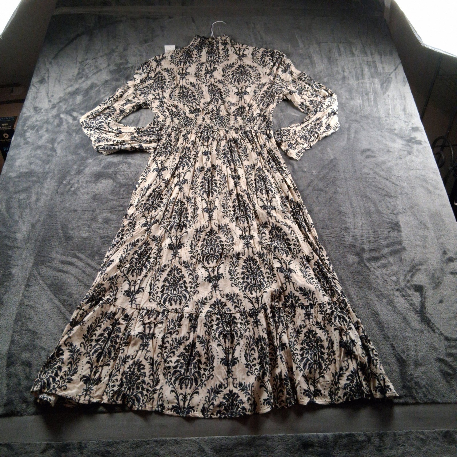 NWT Cupshe Maxi Dress Cream Black Damask Smocked High Neck Tiered DAA05A4H001AC