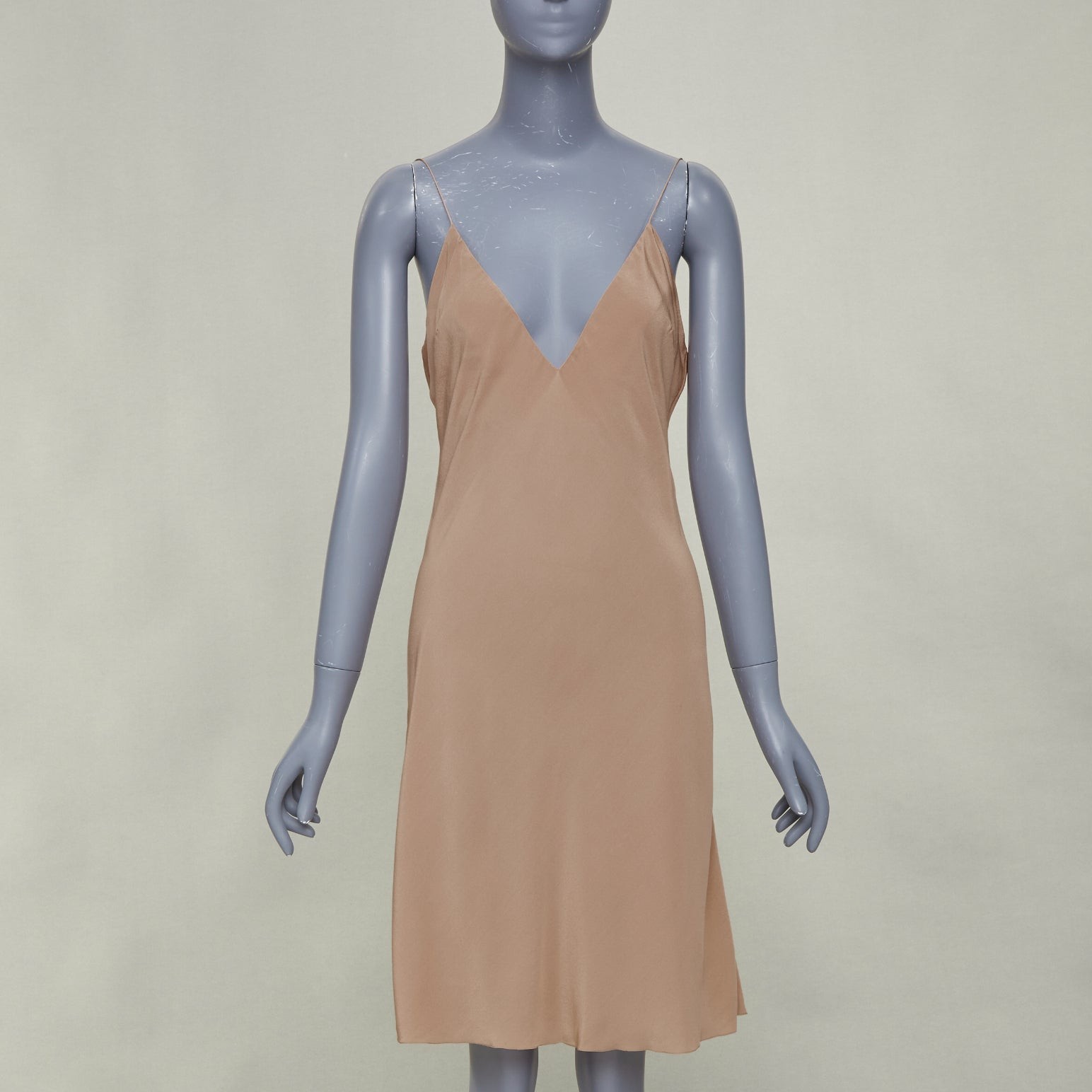 HERMES 100% silk nude spaghetti strap plunging mini slip lining dress FR40 L
