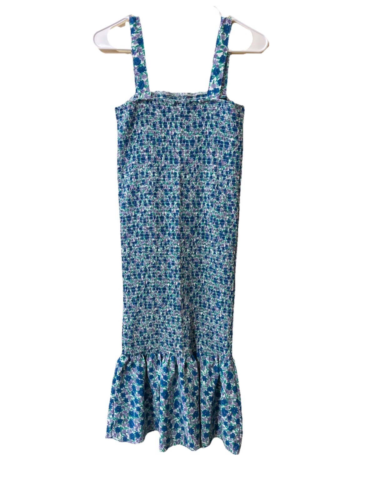 Fashion Women’s Blue Floral Square Neck Smocked Stretch Midi Dress Size M