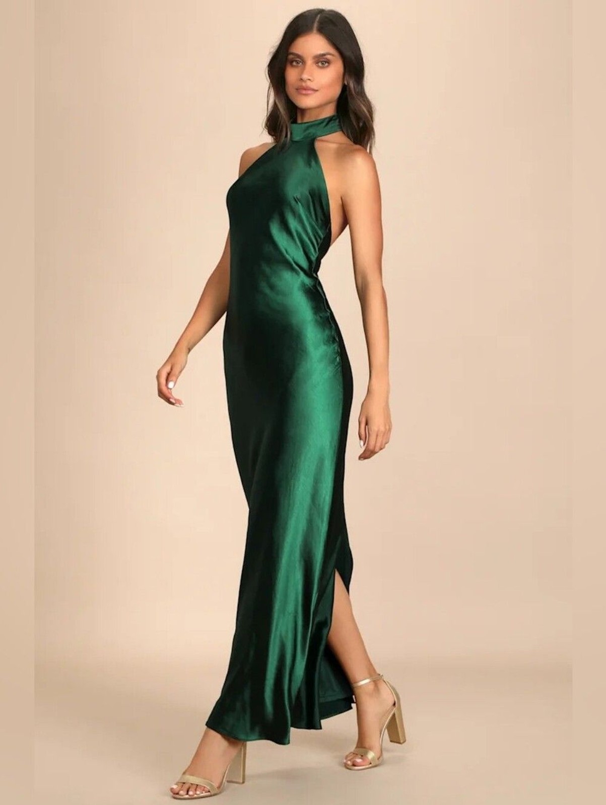 Lulus Love in Your Life Emerald Green Satin Halter Maxi Dress