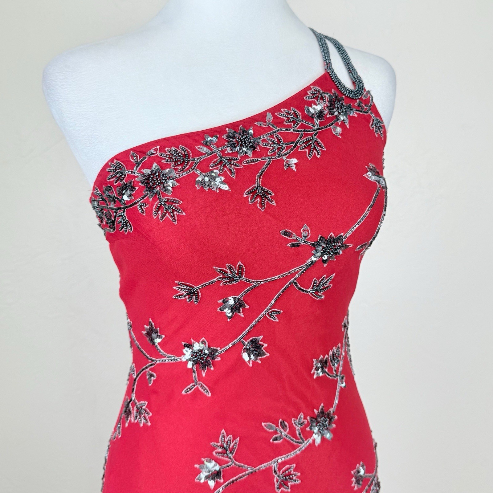 NWT Vintage Scala 1990s Red Silk One Shoulder Beaded Asymmetrical Midi Dress S