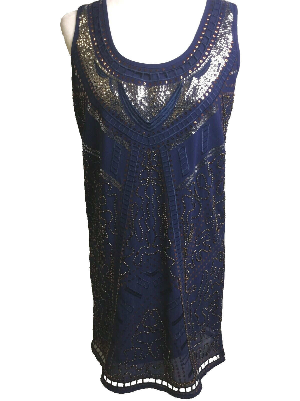 Navy Blue Beaded Sequined Sheath Evening Dress~S~ Cocktails Art Deco Flapper NWT