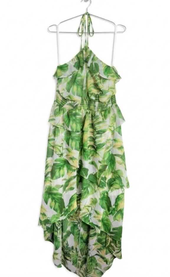 BCX Tropical Leaf Print Halter Maxi Dress High Low Ruffle Hem Size XL NWT