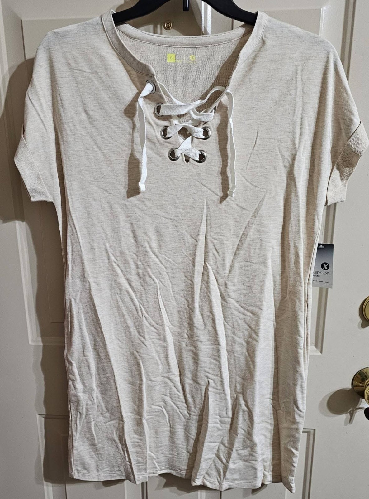 NWT Heathered Oatmeal Xersion Stretchy T-Shirt Dress or Tunic Top, size Small