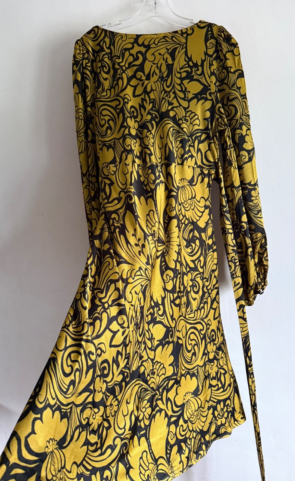 GHOST LONDON YELLOW & BLACK FLORAL PRINT LONG SLEEVES MIDI DRESS SIZE: LARGE