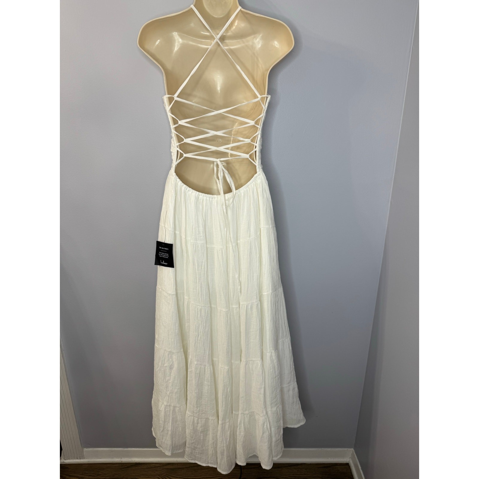 Lulus Effortless Sweetness White Ruched Lace-Up Tiered Midi Dress Bridal Shower