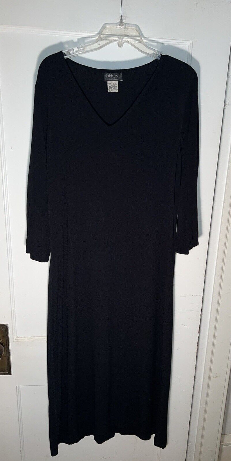 GHOST vintage black crepe long v-neck maxi dress Size L. c854