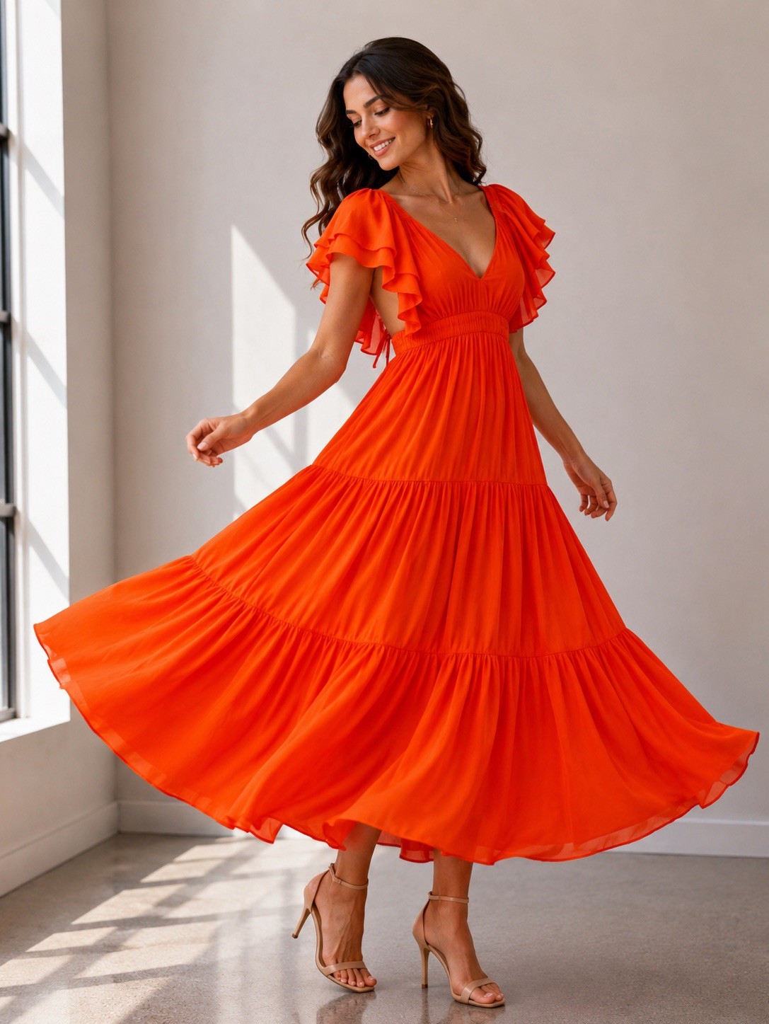 Promesa NWT Orange Open Back Tiered Maxi Dress Flutter Sleeve V Neck Medium