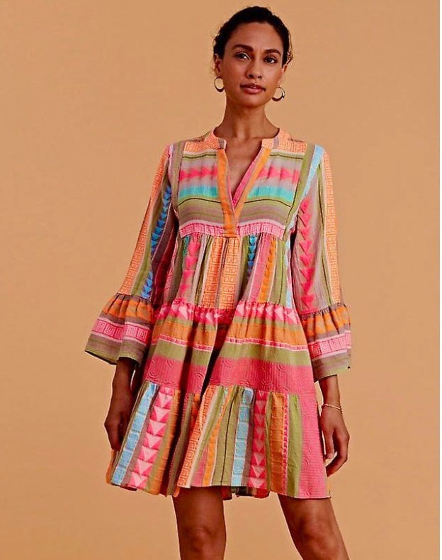 Devotion Twins Ella Tiered Dress Vibrant Pink Orange 3/4 Sleeve 100% Cotton Med