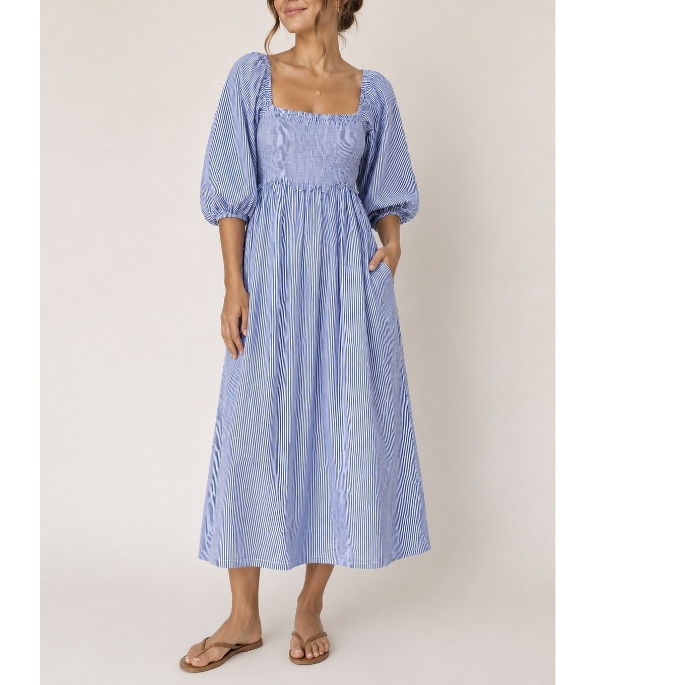 Free Assembly Smocked StripedMidi Dress Puffy SleevesNautical Cottagecore Sm