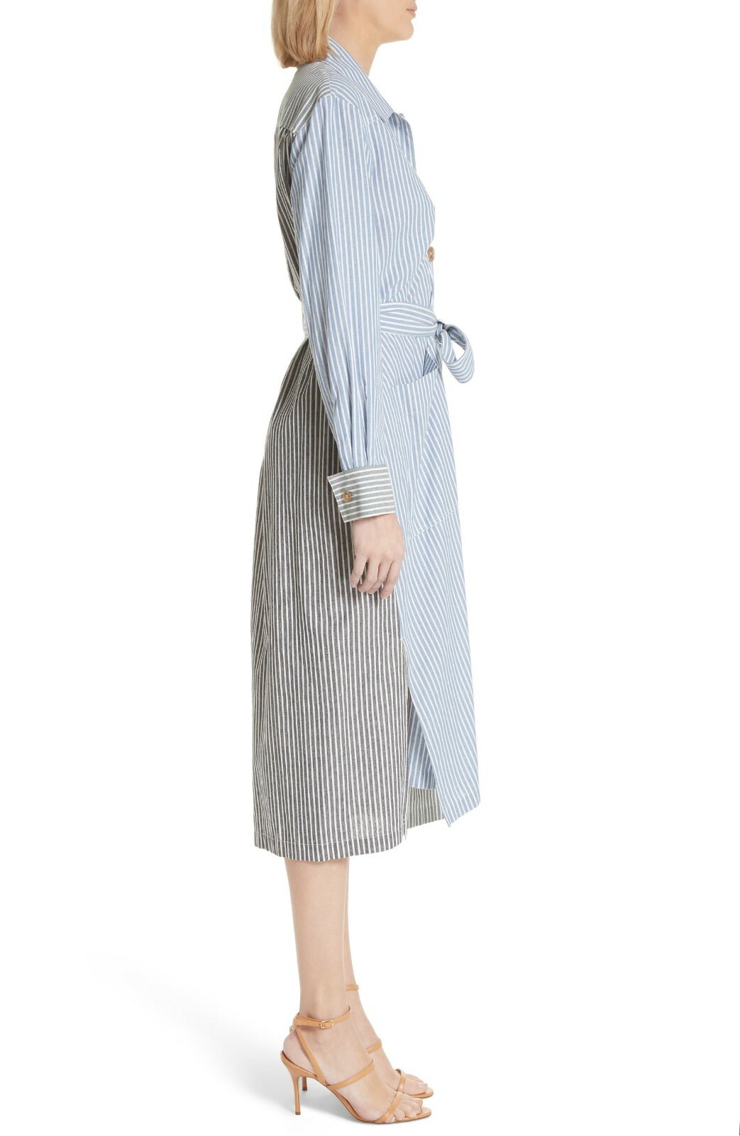 REJINA PYO Black Blue Stripe Asymmetric Tie Waist Cotton Button Shirt Dress M 8