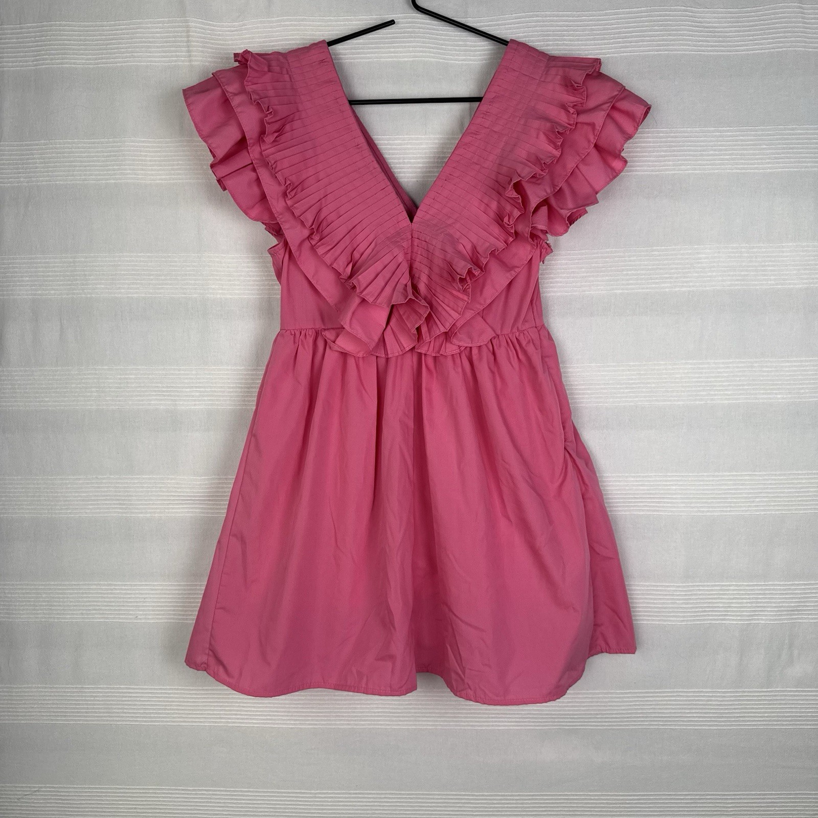 Pink Ruffle Flutter Pleated VNeck Mini Lined Dress Sleeveless Cotton Medium