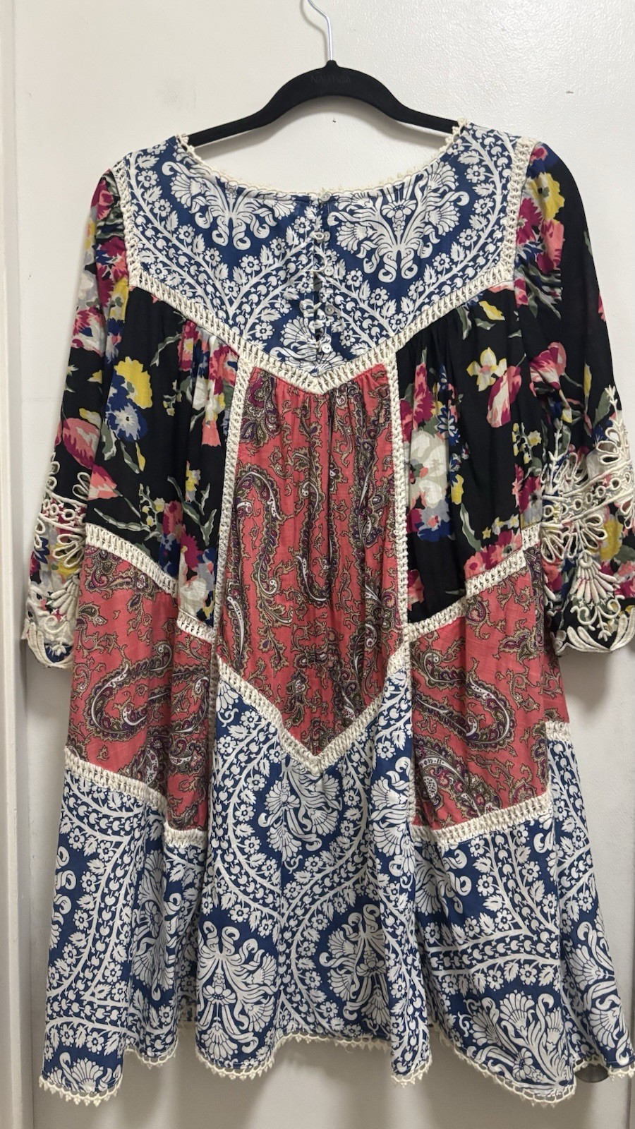 Vanessa Virginia Multi Floral Patchwork Lace Embroidered Trim Bohemian Dress 8P