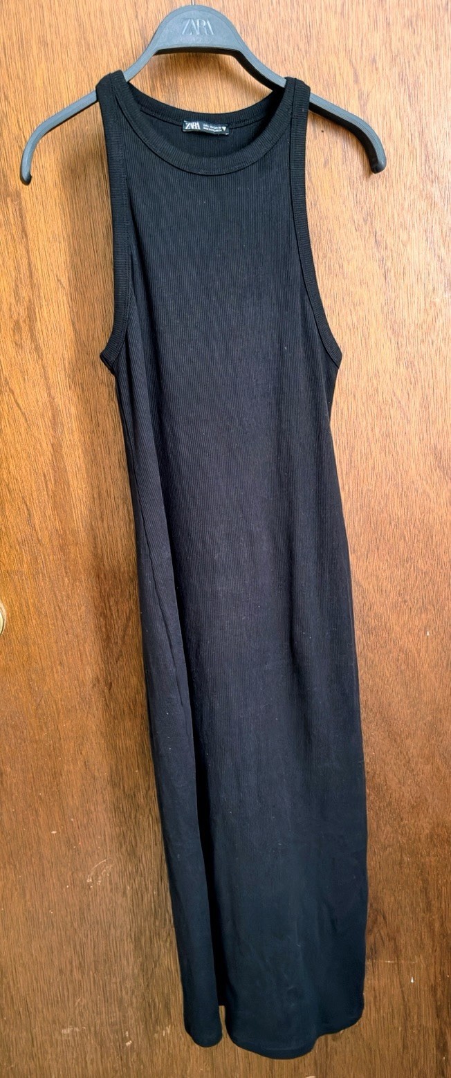 Zara Dress Womens Small Black Tank Sleeveless Ribbed Knit Stretch Midi Bodycon