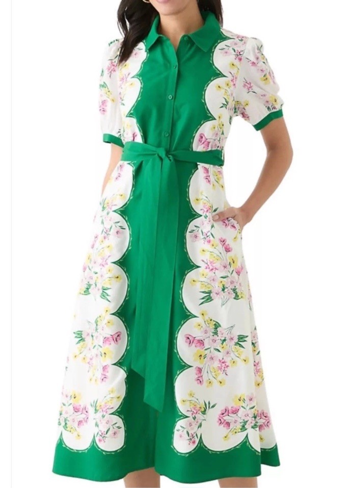 EUC CROWN & IVY Floral Midi Shirt Dress Pink FLOWERS Kelly Green Scarf Print L