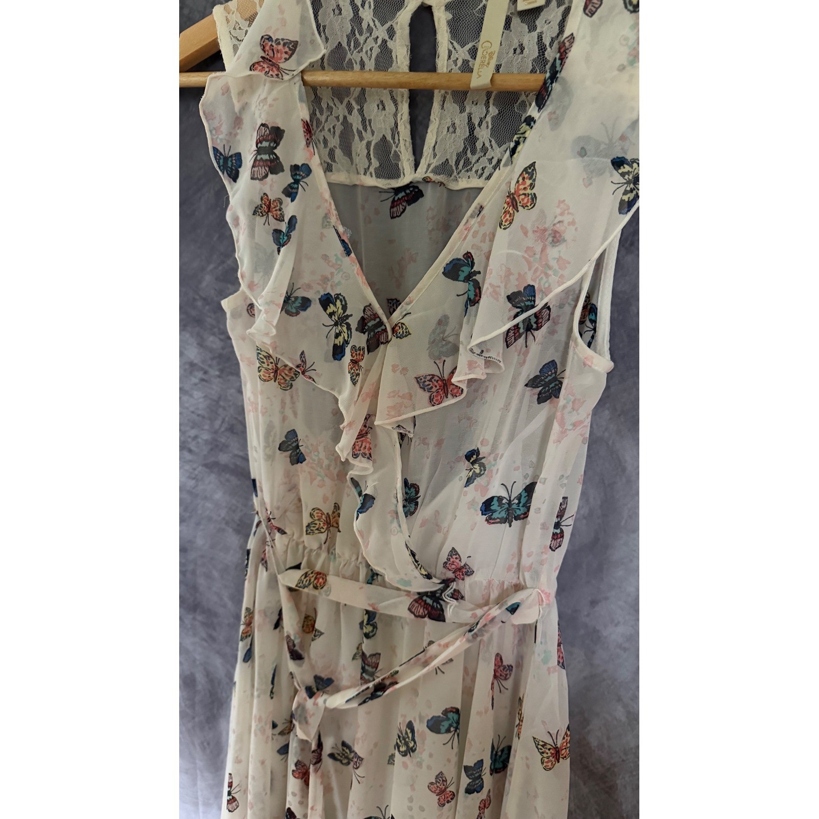 Disney Cinderella Butterfly Print Lace Back High Low Dress Womens Small Cream