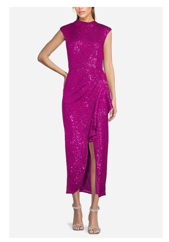 NWT Badgley Mischka Dress Size 12 Sequin Isla Cocktail Dress Pink Fuchsia Prom