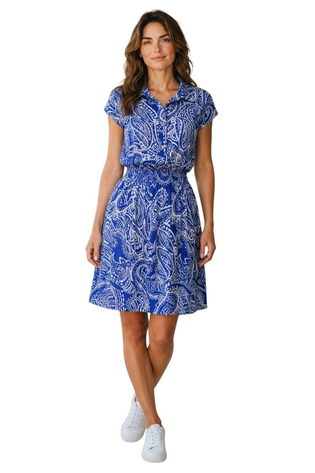 En Focus Blouson Shirt Dress Women’s Size 12 Navy & White Paisley Short Sleeve