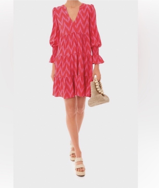 Pomander Place Ikat Kenzo Pink Red Chevron Tiered Mini Dress Smocked Cuff medium