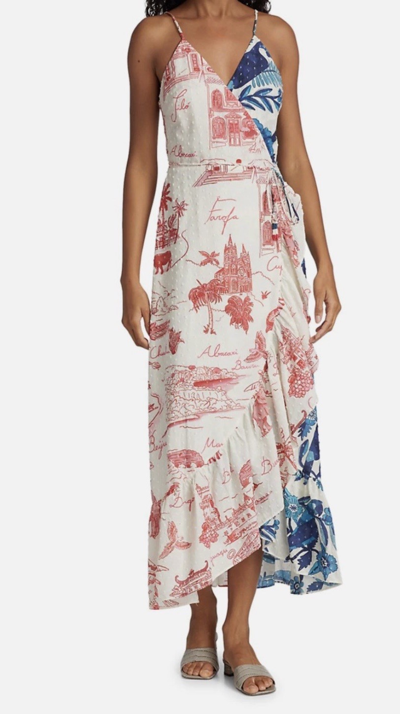 Farm Rio Dual Wrap Dress SM Floral Ruffle Hem Red/white/blue Tropical July 4th