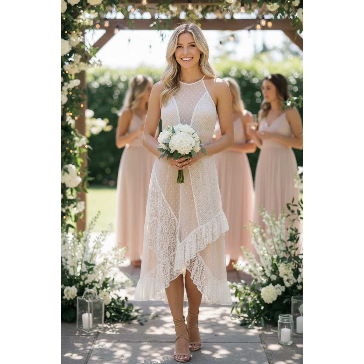 LIKELY DRESS 0 WHITE NUDE LACE BRIDE BRIDAL WEDDING ENGAGEMENT HI LOW MIDI