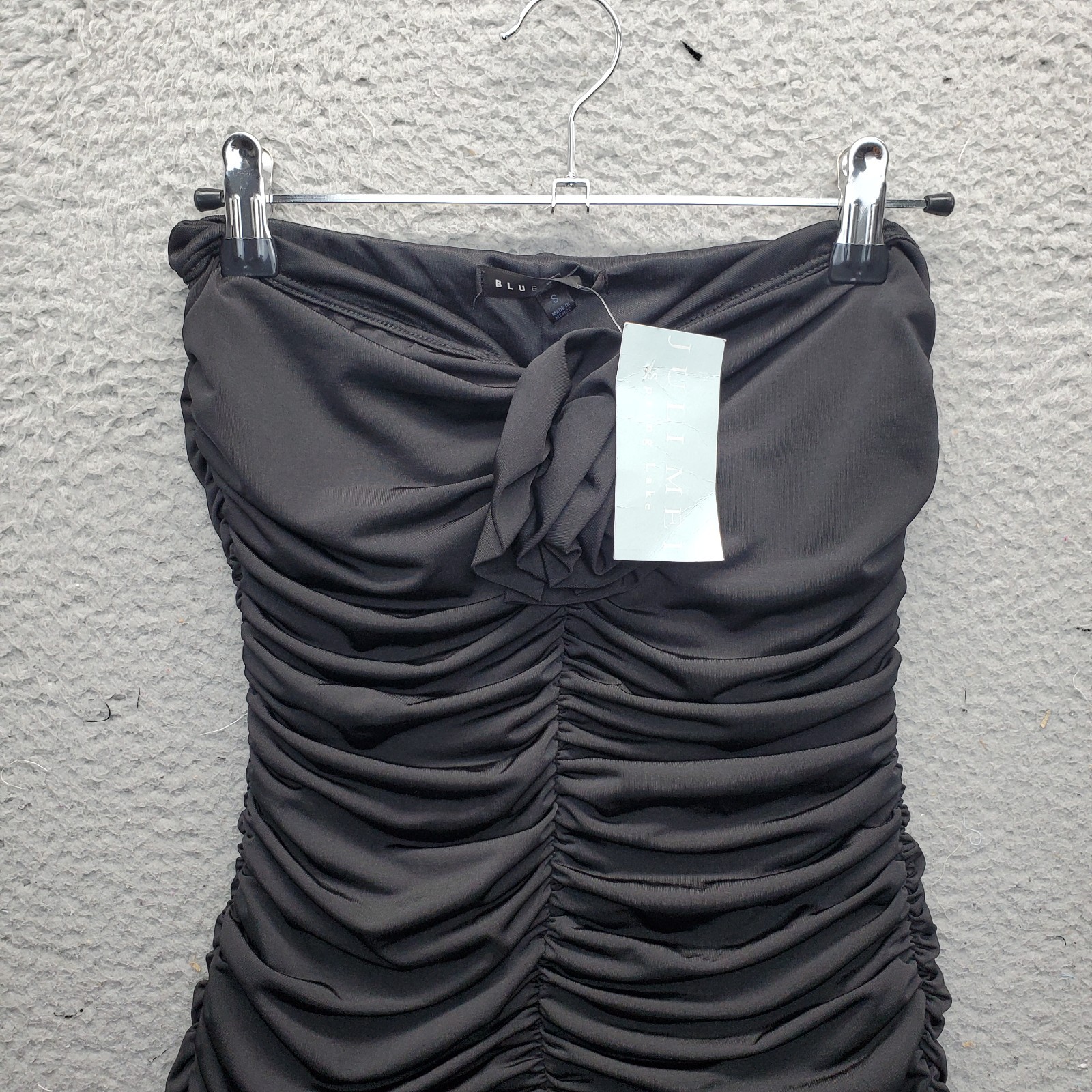 Blue Blush Bodycon Dress Womens Small Black Stretch Off the Shoulder Ruched Side