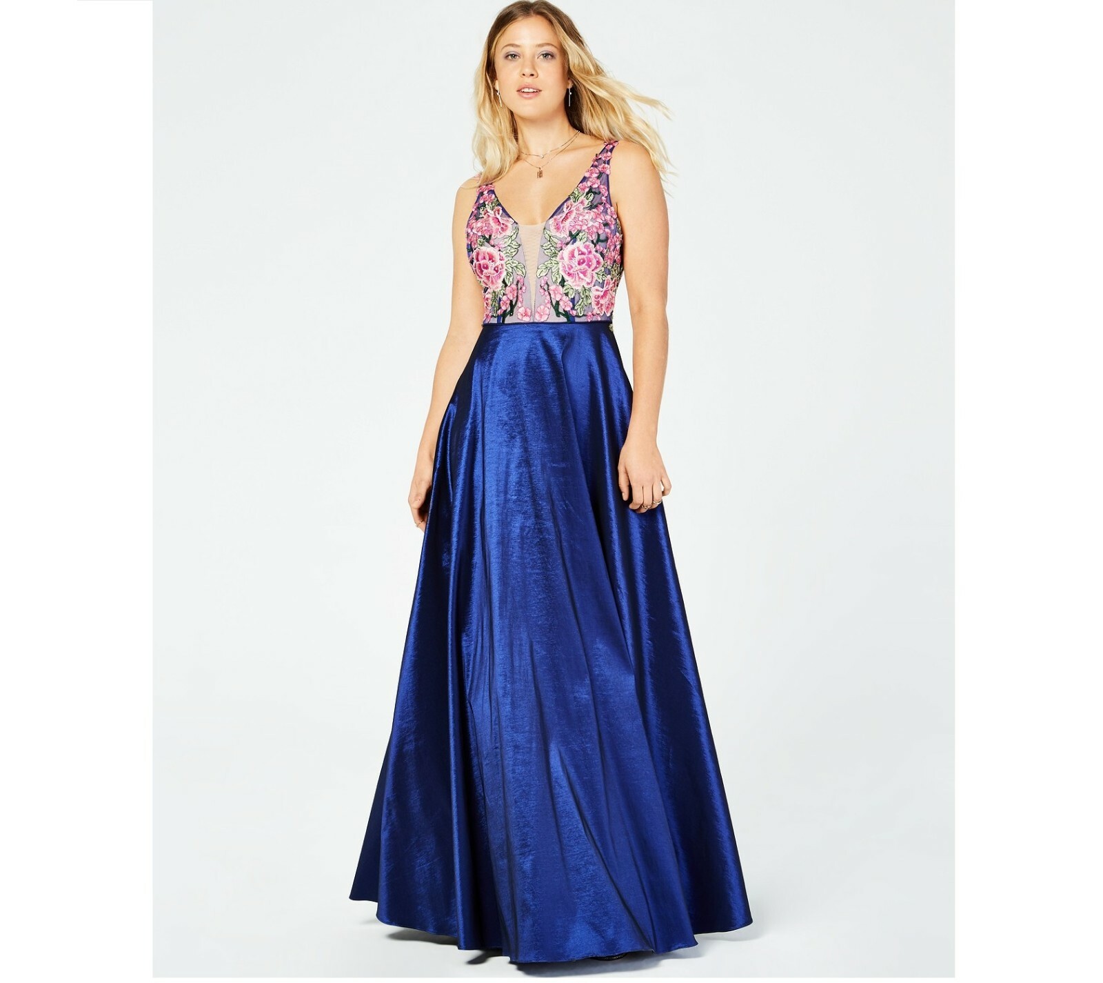 Say Yes To The Prom Junior Womens 0 Royal Pink Green Floral Embroidered Gown NWT
