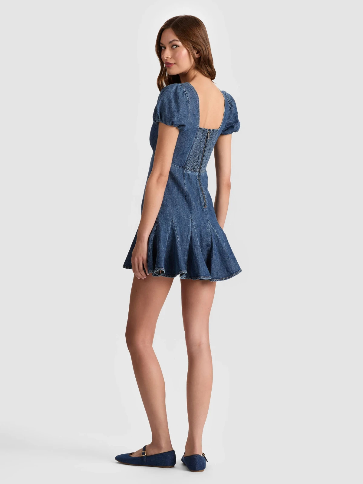 ALICE & OLIVIA (8) FARA CAMBRIA VINTAGE PUFF SLEEVE DENIM MINI DRESS NWTMSRP$495