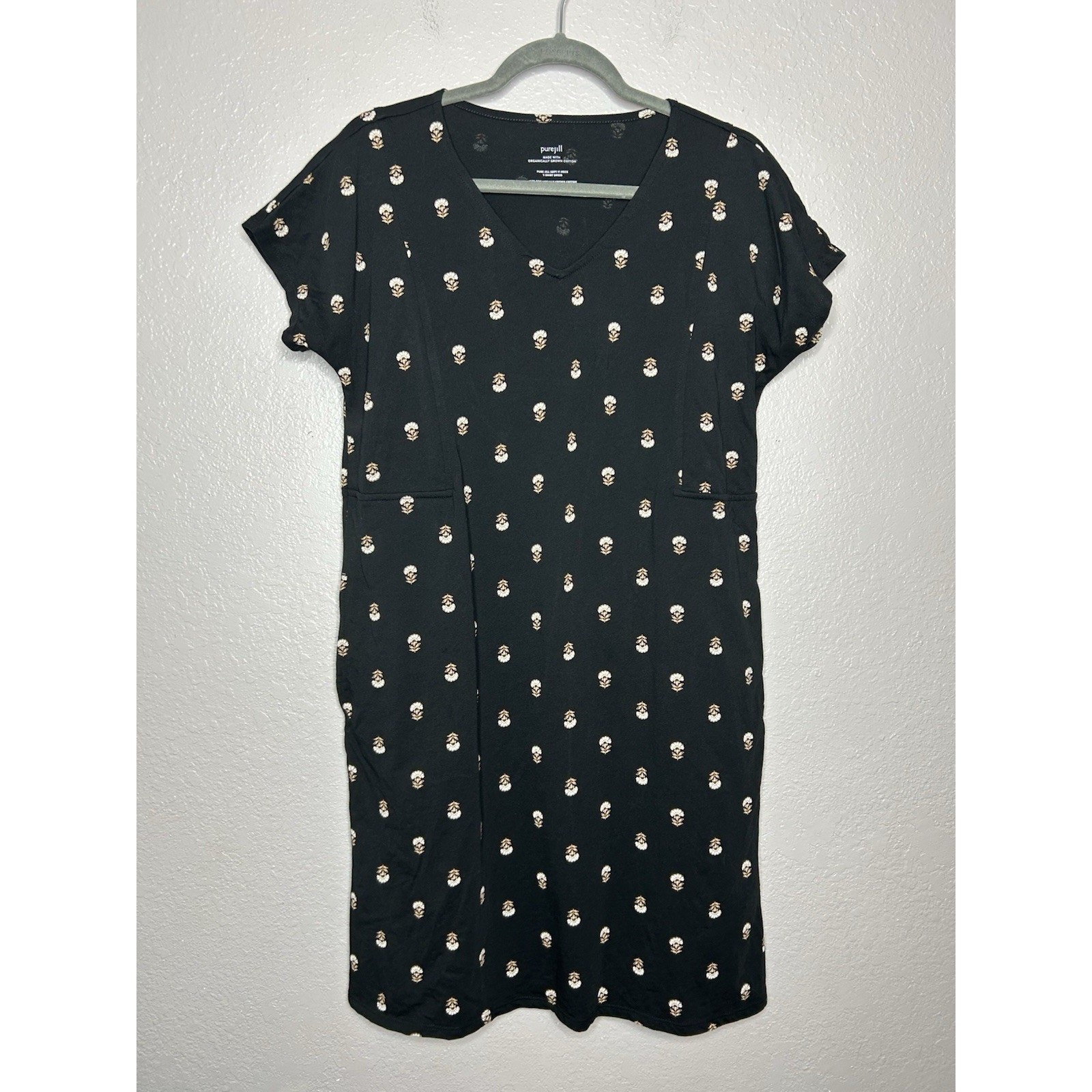 Pure Jill J Jill Soft V-Neck Tshirt Dress Pockets Organic Cotton Floral Small