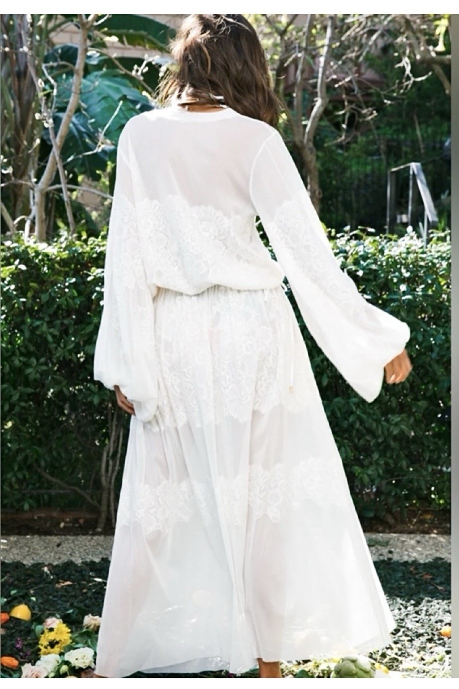 HAH Royal HAHness Eggshell Sheer Lace Maxi Dress XS/S Balloon Sleeve Pockets