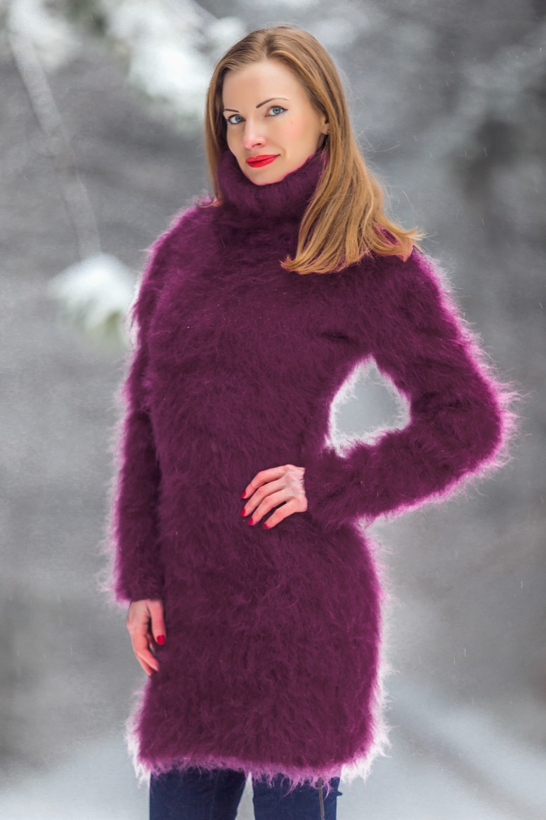 Purple longhair mohair dress turtleneck sweater fuzzy warm tunic SuperTanya S-M