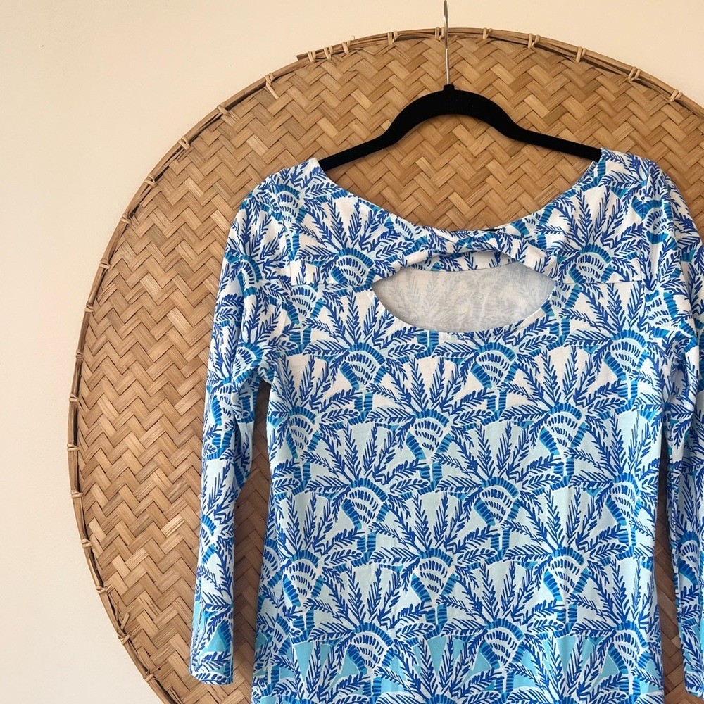 WOMEN’S LILY PULITZER TROPICAL PALM TREE VACATION BAY DRESS IN WHISPER BLUE