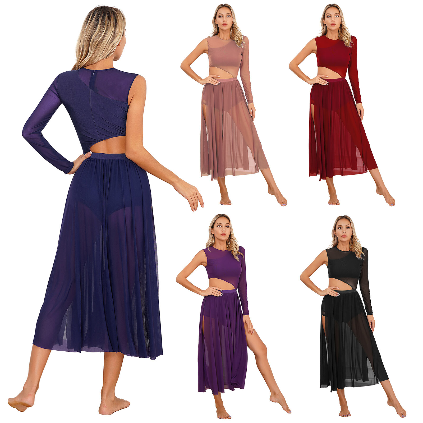 Womens Lyrical Dance Costume Side Split Figure Skating Dresses Round Neck