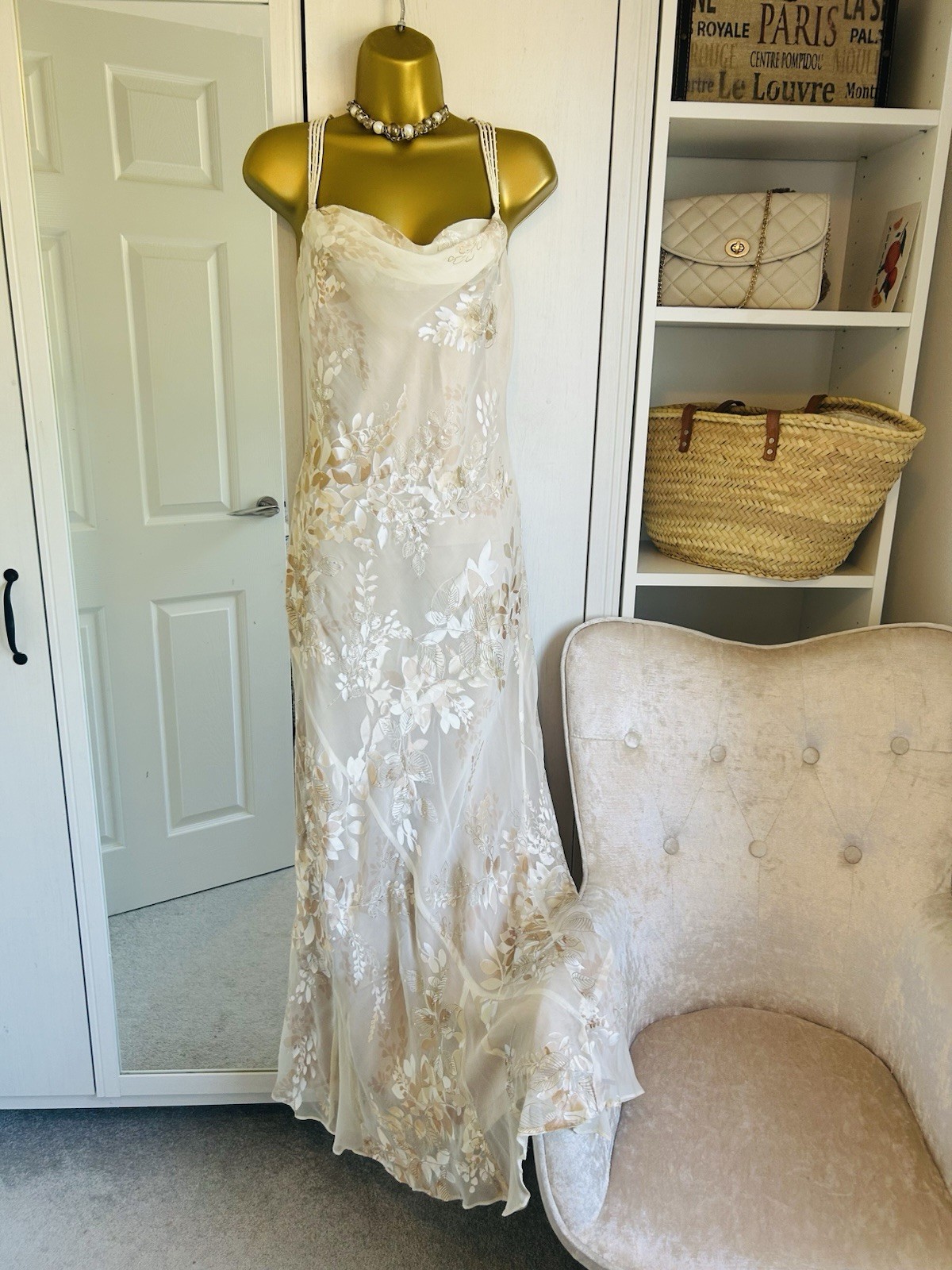 Monsoon Vintage Silk Cream Gold Devore 20s Deco Y2K Bride Long Dress 12